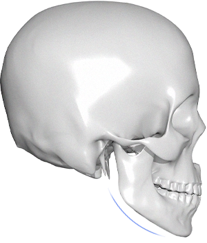 黒背景に白い頭蓋骨の側面図。345 Plastic Surgery関連。顔面輪郭、骨格矯正など美容整形手術のイメージ。ページタイトル本文に関連キーワードを含む。