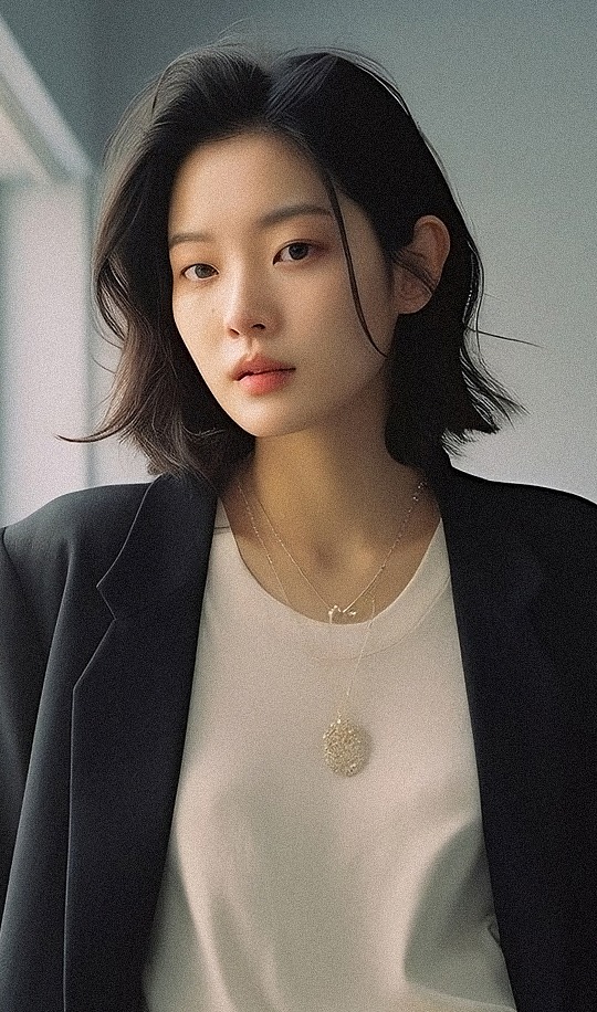 黒いジャケットと白いTシャツを着た、ボブヘアの女性。繊細なネックレスがアクセント。顔の印象を整える345 Plastic Surgeryのような美容施術に関心がある方にも訴求するイメージ。自然な美しさを引き出す施術の参考にも。