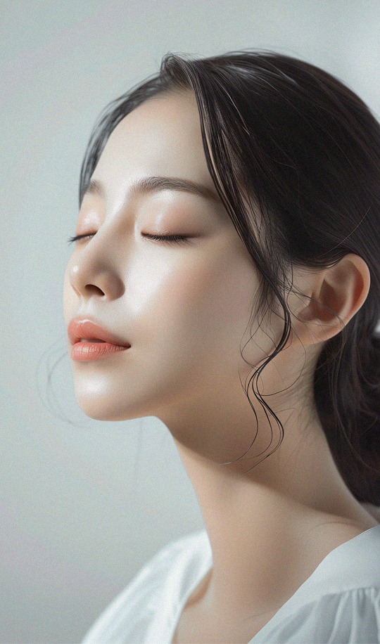 目を閉じた女性の横顔。艶やかな黒髪、滑らかな肌。345 Plastic Surgeryが提供する美容整形、特に顔の輪郭形成や肌質改善の効果を想起させる。美しさを追求する女性へ向けたイメージ。